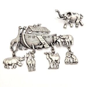 JJ Jonette Jewelry Silvertone Noah's Ark‎ Brooch and J. Crew Elephant Pin